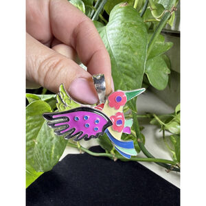 RMN Colorful Enamel Hummingbird Pendant Silver Tone Bird Jewelry Charm 2” Tall
